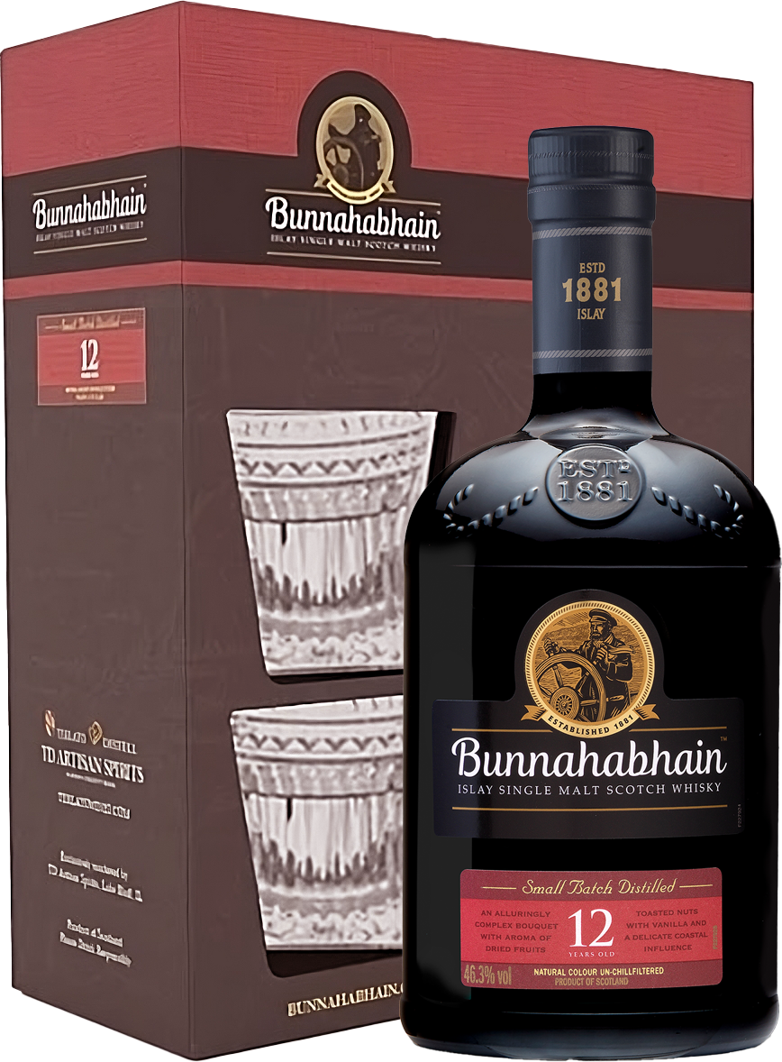 Bunnahabhain 12 Year Old Single Malt Scotch Whisky With Glasses