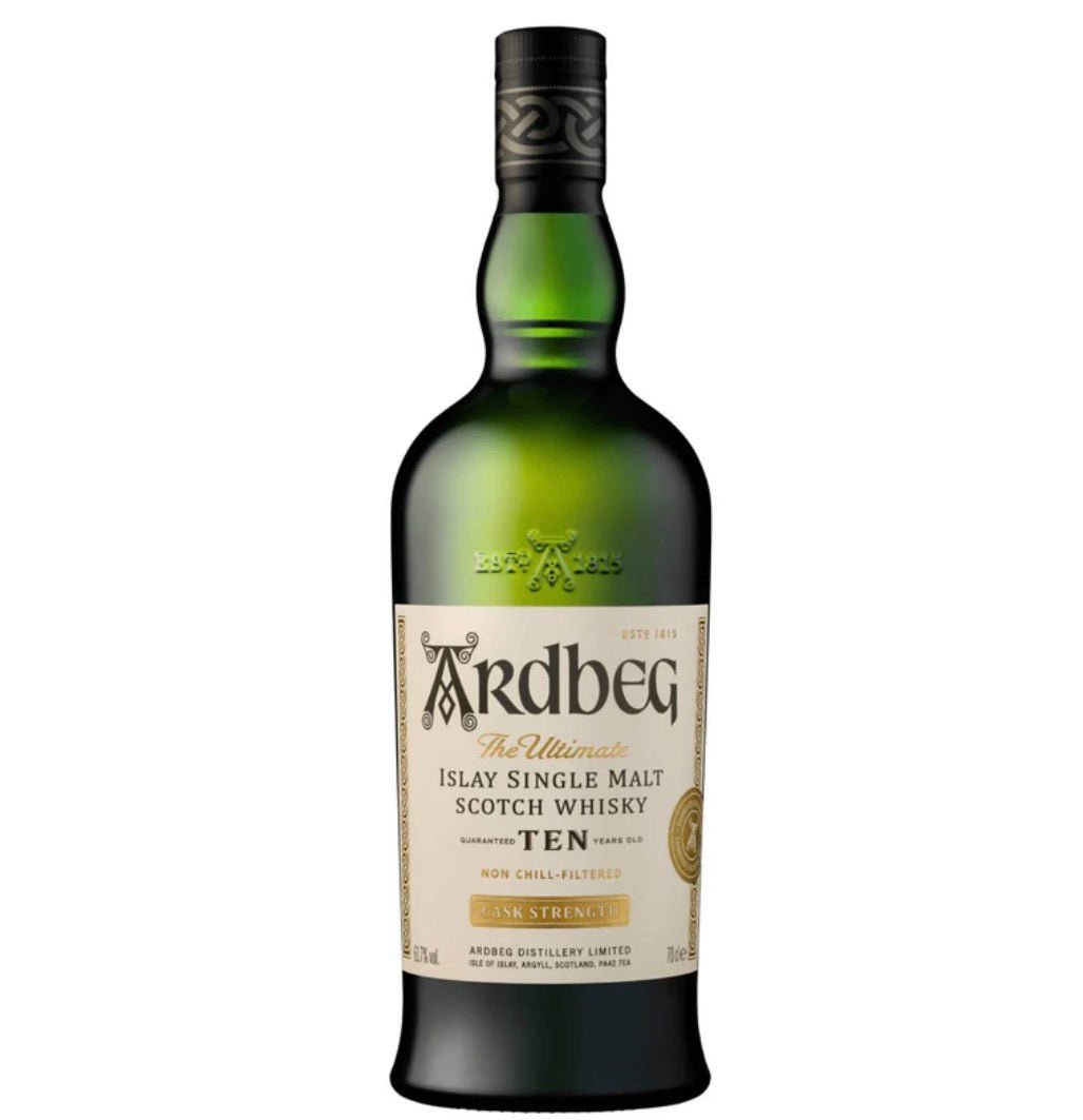 ARDBEG THE ULTIMATE GUARANTEED TEN YEARS OLD CASK STRENGTH ISLAY SINGLE MALT SCOTCH WHISKEY
