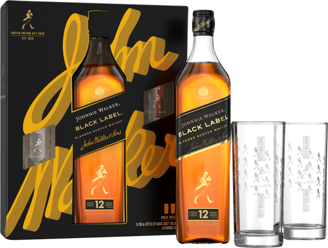 Johnnie Walker Black Label 12 Year Old Blended Scotch Whisky with Glasses