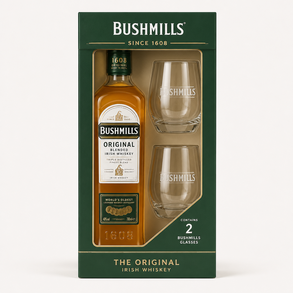 Bushmills Original Blended Irish Whiskey with Glasses